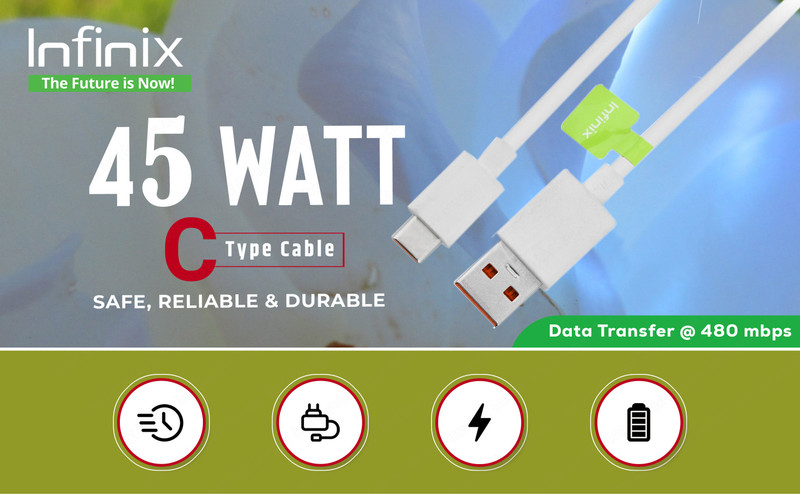 Infinix USB Type C Cable 1 m 45 Watt Model No.C050-C(Compatible with All Infinix C type Phone &, GT 10 Pro ( X6739 ), Note 30 ( X6711 ), Zero 20 ( X6821 ), White, One Cable)