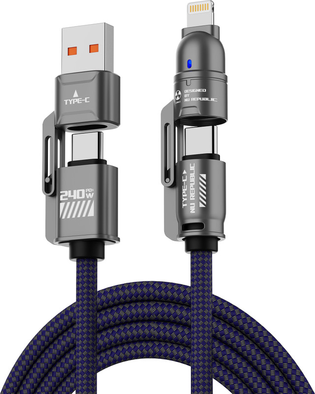Nu Republic USB Type C Cable 1 m Blaze Fusion-Q 240W 4-in-one USB-A to Type-C to Type-C + Type-L Metal Connector Fast Data Charge Premium Nylon Braided Cable(Compatible with Mobile, Tablet, Laptop, Speakers, Blue, One Cable)