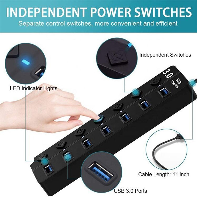 patchio 7 Port USB 3.0 Hub with Individual Power Switches & LED Indicators 3.1 Mbps Data Card ,Calls not Supported(Black)