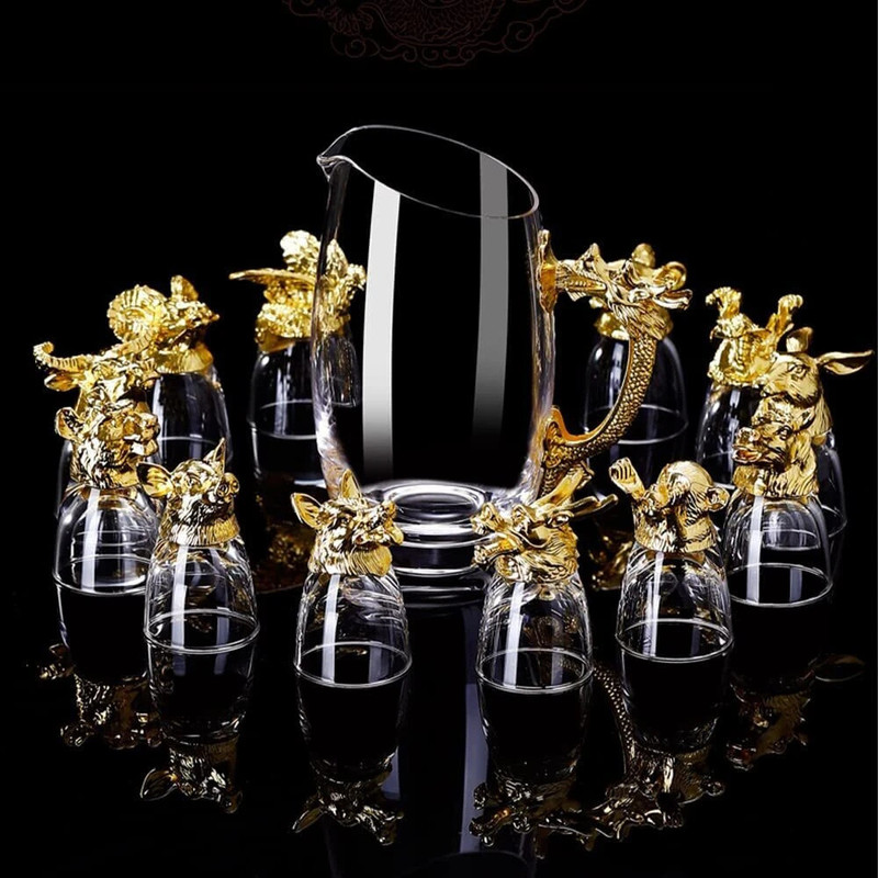 Melbify Zodiac Animal Shot Glasses | 12 pcs shot glass (60 ml) & Dispenser (250 ml) whiskey, vodka, wine Decanter(Glass, 8.5 oz)