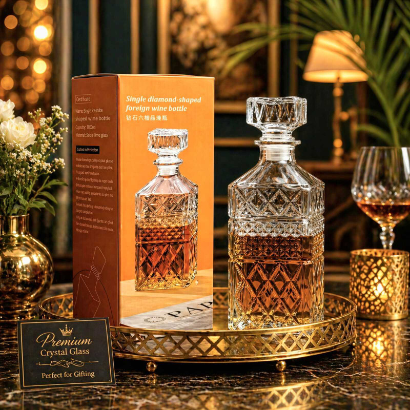 AVGLASSSTOR GLASS DECANTER Square Shape with Geometric Cut Design, 1000 ML Capacity Men & Women, Whiskey / Scotch / Bourbon Lovers, Party Hosting & Entertaining Guests Decanter(Glass, 0.0338 oz)