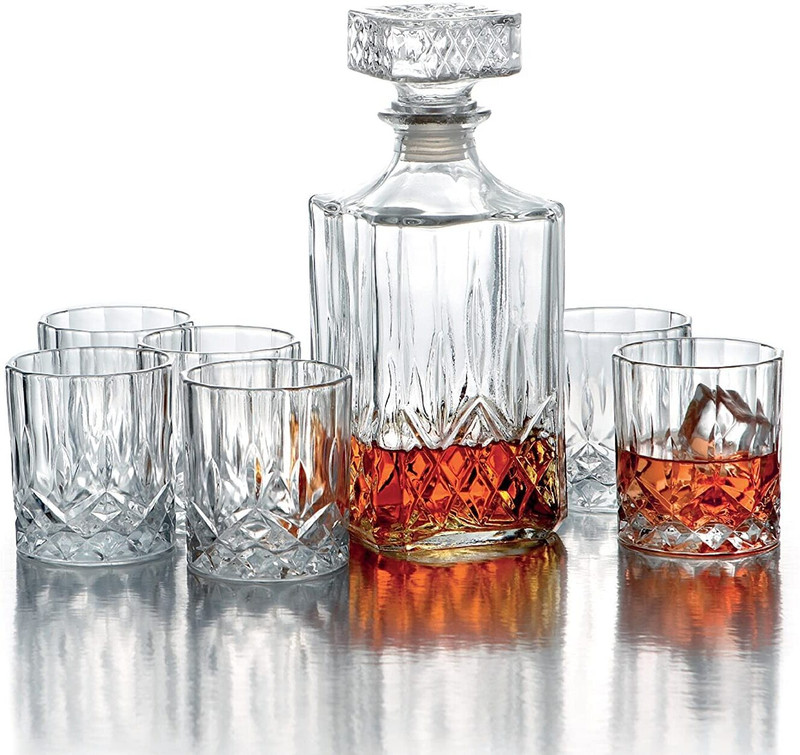 GREATZON [Pack of7] European Style Square 1 Decanter with Whisky Glass Set of 6 Home, Bar, Restaurant Decanter(Glass, 1000 oz)