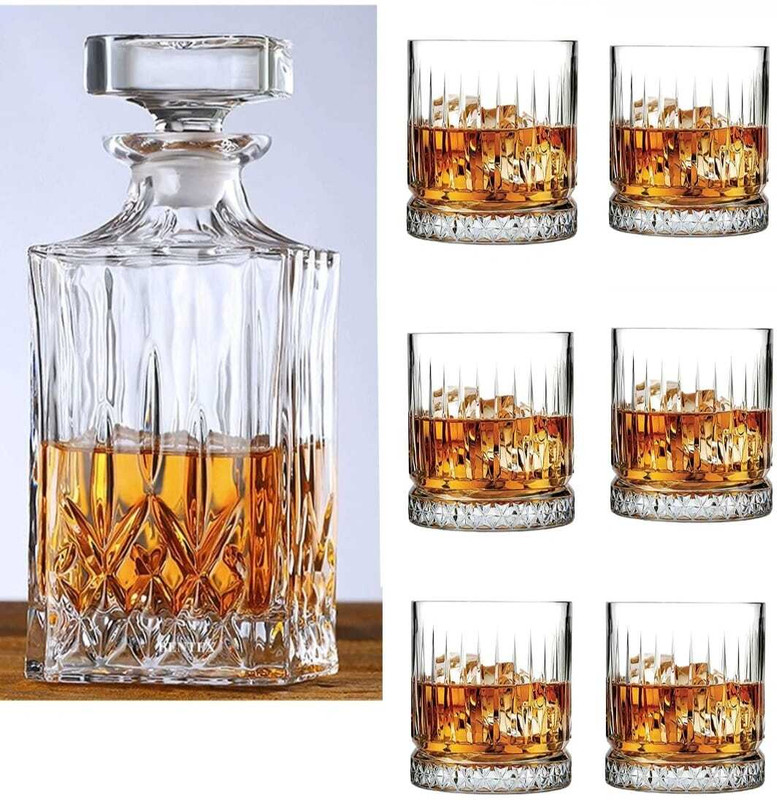 CQZ 7Pcs Bar Set, 1 Decanter Bottle(850ml) with 6 Whiskey Glasses(340ml) Perfect for Scotch, Bourbon, Wine, Vodka, Cocktail, Tequila, Rum Decanter(Glass, 28 oz)