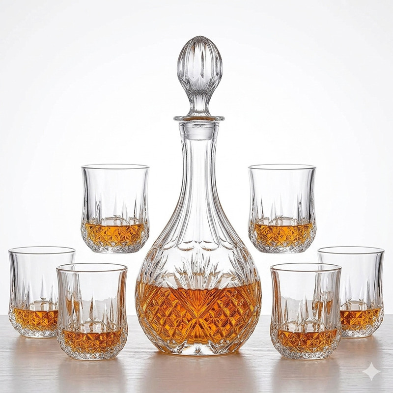 WRINGO Crystal Glass Liquor Decanter (set of 6 glass & 1 decanter)with Elegant Whiskey Decanter(Glass, 34 oz)