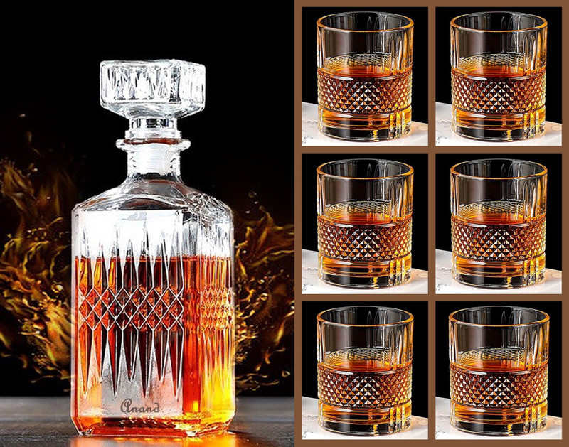 MairaTrends Maira Trends European Style Round Clear Glass 1000ml Decanter Set & 330 ml Diamond 6 Pcs Glass Storage Container for Liquor, Whisky, Scotch Decanter(Glass, 1000 oz)