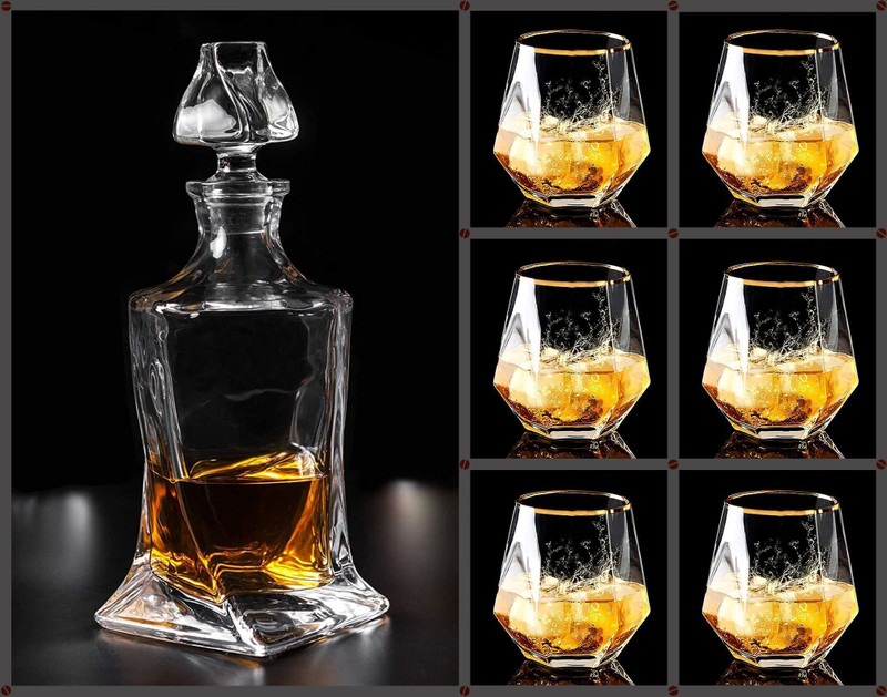 MairaTrends Maira Trends European Style Awesome Whiskey Decanter 1000ml with Diamond Cut Glass Set of 6 pcs 325ml for Liquor, Whisky, Scotch, Wine Decanter(Glass, 33.814 oz)