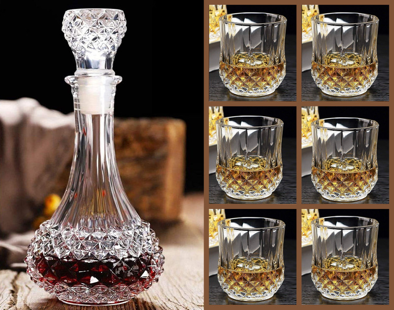 MairaTrends European Style Long Round Glass Decanter 1000ml Storage Container with 325ml 6 Whiskey Glass for Liquor, Whisky, Vodka, Scotch, Wine Decanter(Glass, 1000 oz)