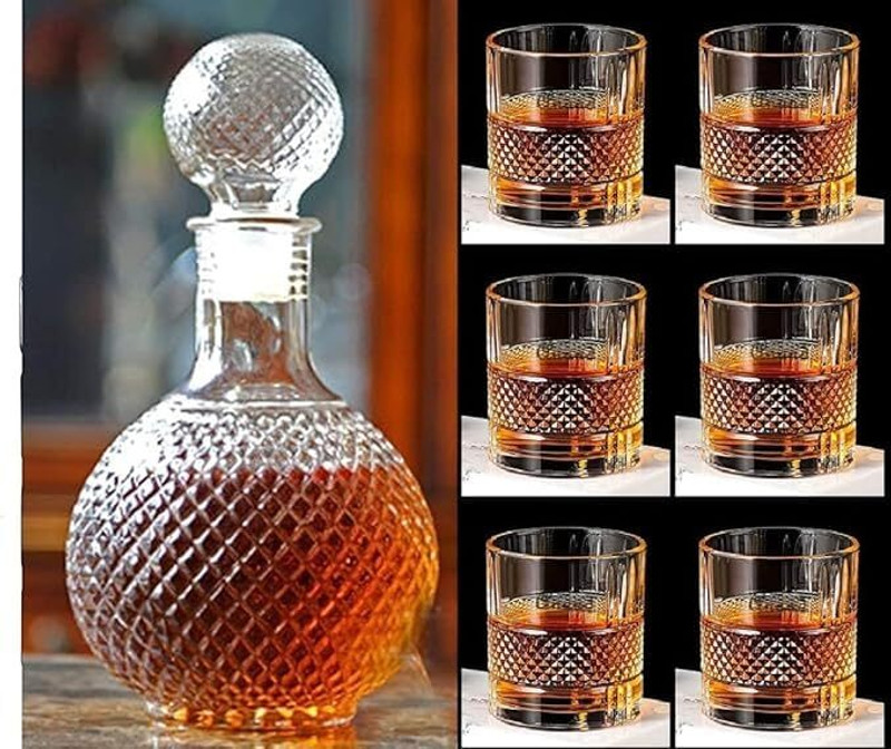 Red-Rubby European Style Rajwadi Glass Decanter Set with 6 Glasses whiskey, wine Decanter(Glass, 33 oz)