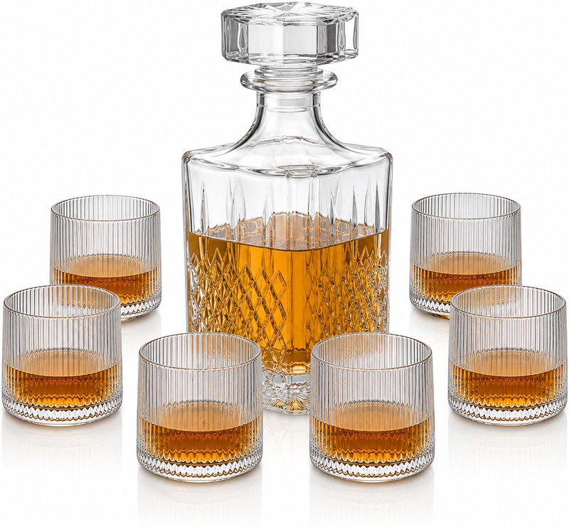 TINETRA European Crystal Clear 750ml Decanter and 310ml Golden Rim Hexa Glasses Set of 6 Whisky, Scotch, Ram, Wine, Vodka, Juice & etc. Decanter(Borosilicate Glass, 750 oz)