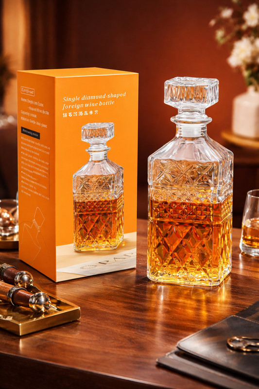 AVGLASSSTORE Glass Whisky Decanter, Square Shape with Geometric Cut Design, 1000 ML Capacity Serving whiskey, scotch, wine, and other spirits Decanter(Glass, 0.0338 oz)