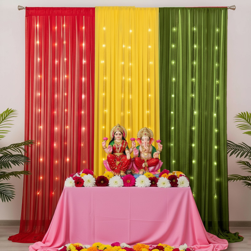 special you Green, Red, Yellow Chiffon-like Curtains with LED Light Backdrop Decoration for Wedding, Home Decor
