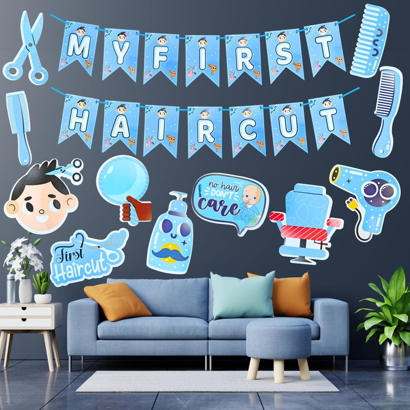 ZYOZI Blue My First Hair Cut/Mundan Ceremony Decoration-Banner,Photo Booth 12 pcs