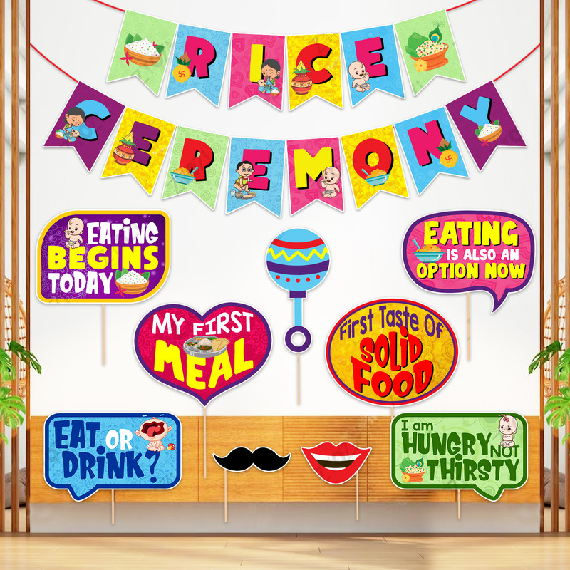 ZYOZI Multicolor Rice Ceremony/Annaprashan Decorations Items-Banner & Photo Booth(Pack of 10)