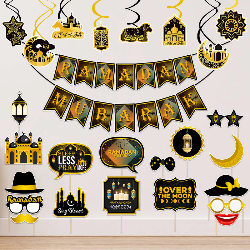 ZYOZI Black, Gold Ramadan /Eid Mubarak Themed Party Decorations Set- Banner, Swirls (Pack of 26)