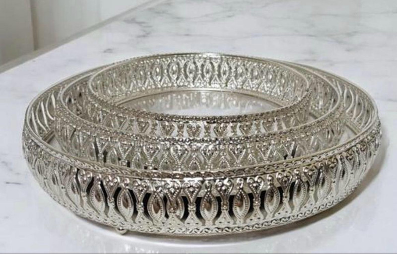 DEKORAHDESIGNS German Silver Plated Decorative Serving Tray Set (Set of 3) Tray(Pack of 3)