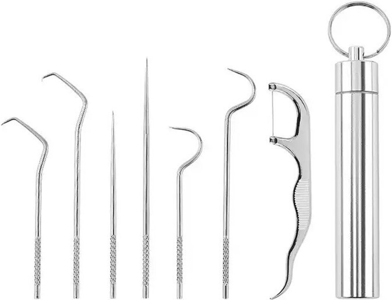 Grilazza Portable 7 in 1 Steel Tooth ick Dental Flosses Teeth Cleaning Pocket Tool Kit(10.5 cm, Pack of 7)