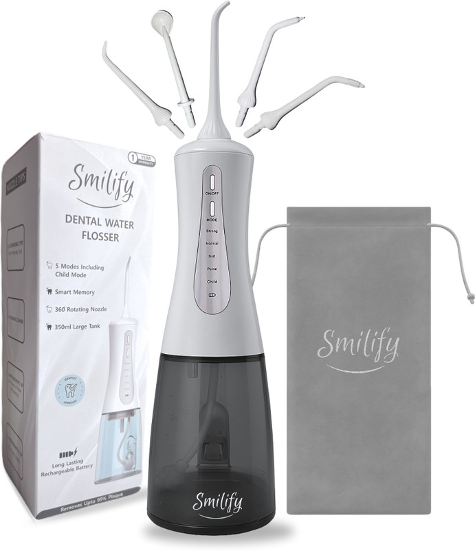 Smilify Portable Oral Irrigator 5 Modes & 5 Tips,| Large 350ML Tank, IPX7 Waterproof Water Flosser(Cordless)