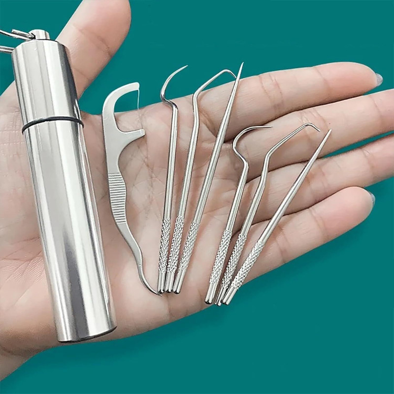 GRANSI 7 in 1 Stainless Steel Teeth Cleaning Tool Kit, Stainless Steel_FK14(9 cm, Pack of 8)