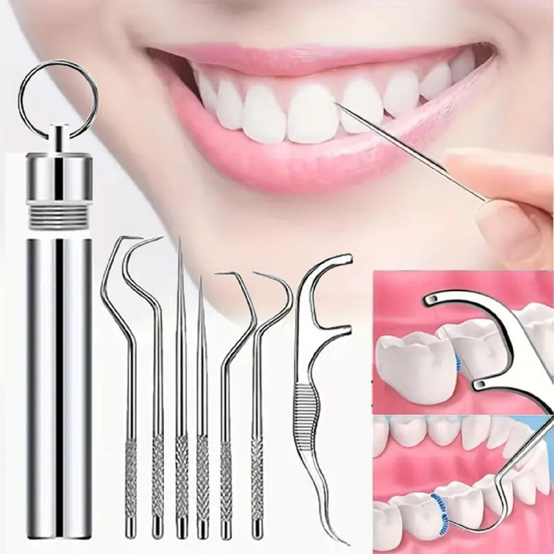 HIRVA 7 in 1 Stainless Steel Teeth Cleaning Kit, Dental HygieneToothpicks Cleaning(8 cm)