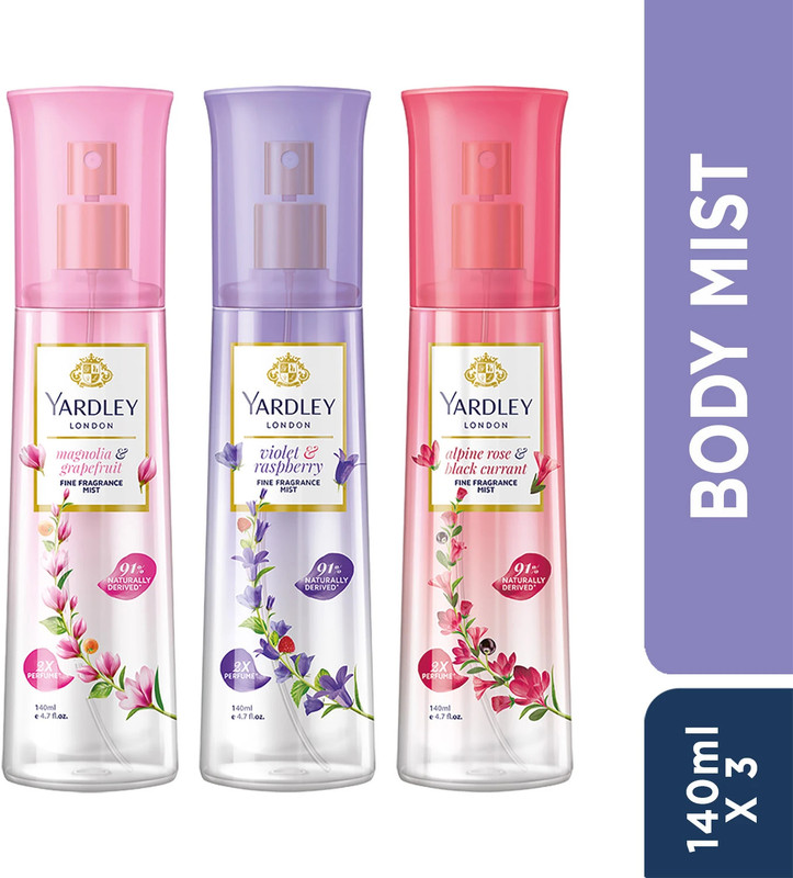 Yardley London Alpine Rose & Blak Currant, Mangolia & Grapefruit, Violet & Raspberry Assorted Body Mist  -  For Women(420 ml, Pack of 3)