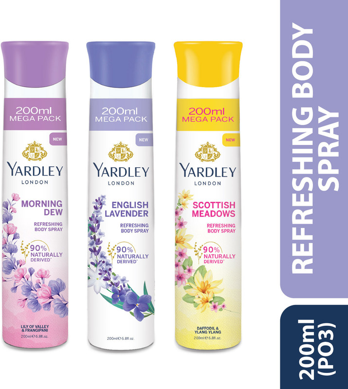 Yardley London Morning Dew Refreshing Body Spray + English Lavender + Scottish Meadows Deodorant Spray  -  For Women(600 ml, Pack of 3)