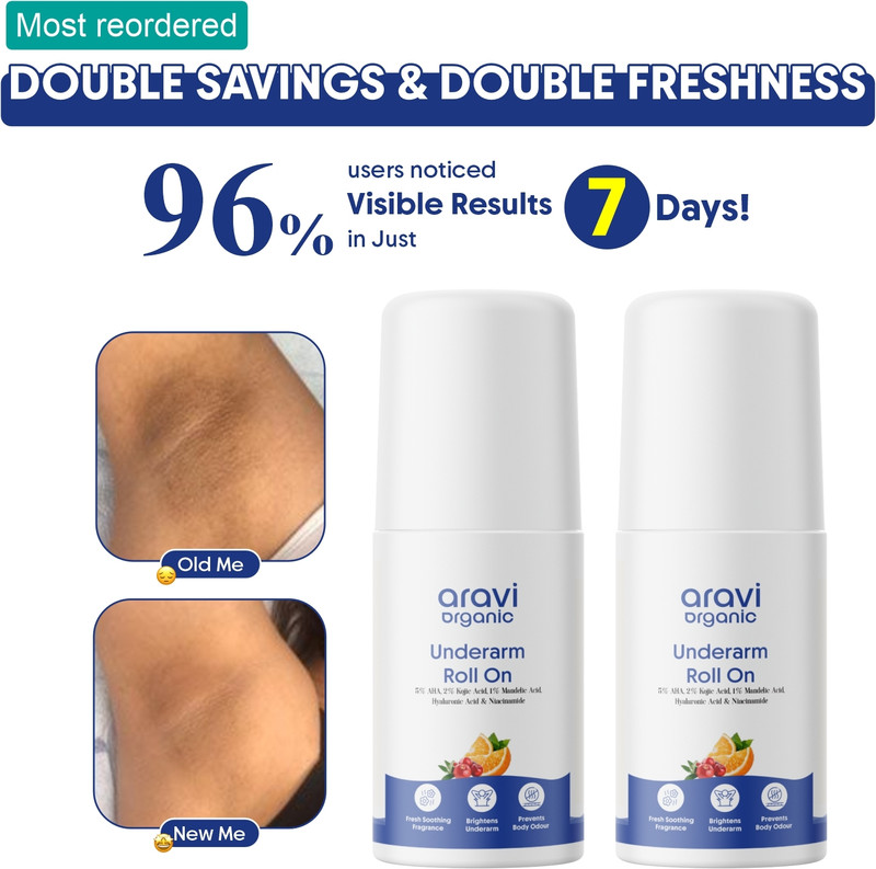 Aravi Organic Under Arm Roll On - 5% AHA & 2% Kojic Acid Control Body Odour Deodorant Roll-on Deodorant Roll-on - For Men & Women(100 ml, Pack of 2)
