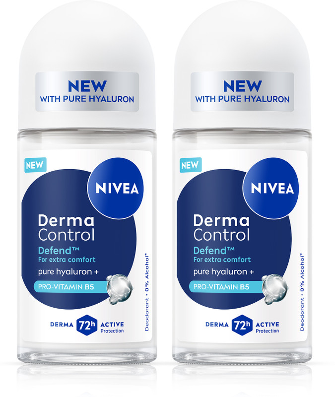 NIVEA Derma Control Defend Roll On, 0% Alcohol, Pure Hyaluron & ProVit B5 for Women Deodorant Roll-on - For Women(100 ml, Pack of 2)