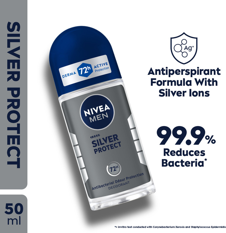 Nivea Men Silver Protect Roll On with Antibacterial 72h Protection, Reduces 99.9% Bacteria Deodorant Roll-on - For Men(50 ml)