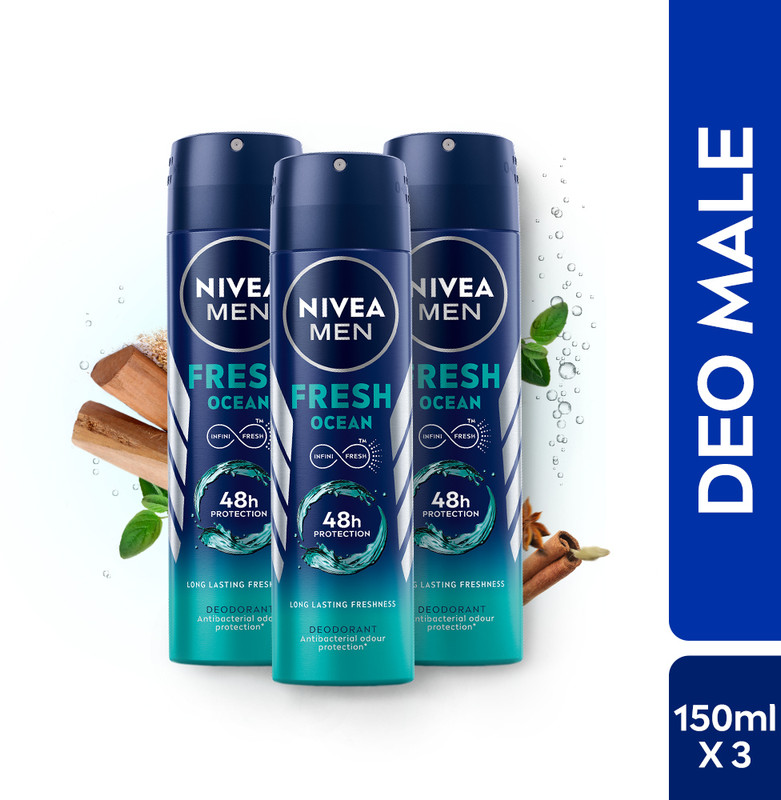 Nivea Men Fresh Ocean, Antibacterial 48h Protection, Long Lasting, Fresh Ocean Extracts Deodorant Spray - For Men(450 ml, Pack of 3)