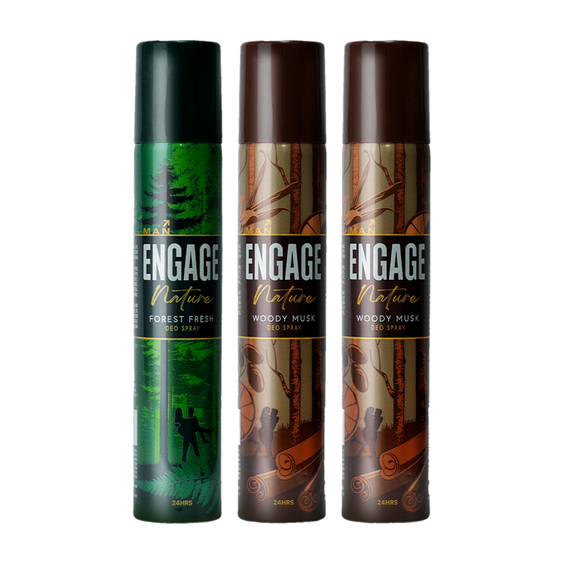 Engage Nature Deo: 2 Woody Musk & 1 Forest Fresh (150ml X 3) Deodorant Spray - For Men(450 ml, Pack of 3)