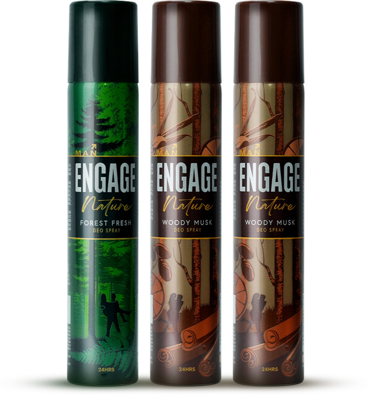 Engage Nature Deo: 2 Woody Musk & 1 Forest Fresh (150ml X 3) Deodorant Spray  -  For Men(450 ml, Pack of 3)