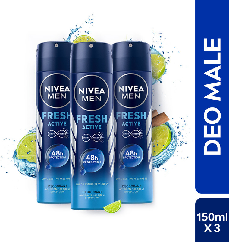 Nivea Men Fresh Active Combo , Antibacterial 48h Protection, Long Lasting, Anti Prespirant Deodorant Spray - For Men(450 ml, Pack of 3)