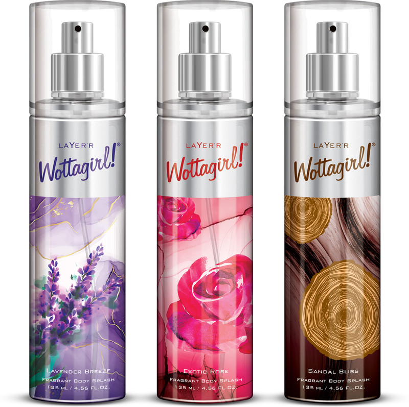 LAYER'R Wottagirl LAVENDER BREEZE, EXOTIC ROSE, SANDAL BLISS Long Lasting Fragrance Body Mist - For Women(405 ml, Pack of 3)