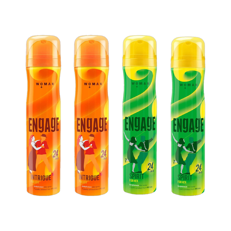 Engage Deo Combo, 2 Intrigue for Her (150ml) & 2 Spirit for Her (150ml), (Pack of 4) Deodorant Spray  -  For Women(600 ml, Pack of 4)