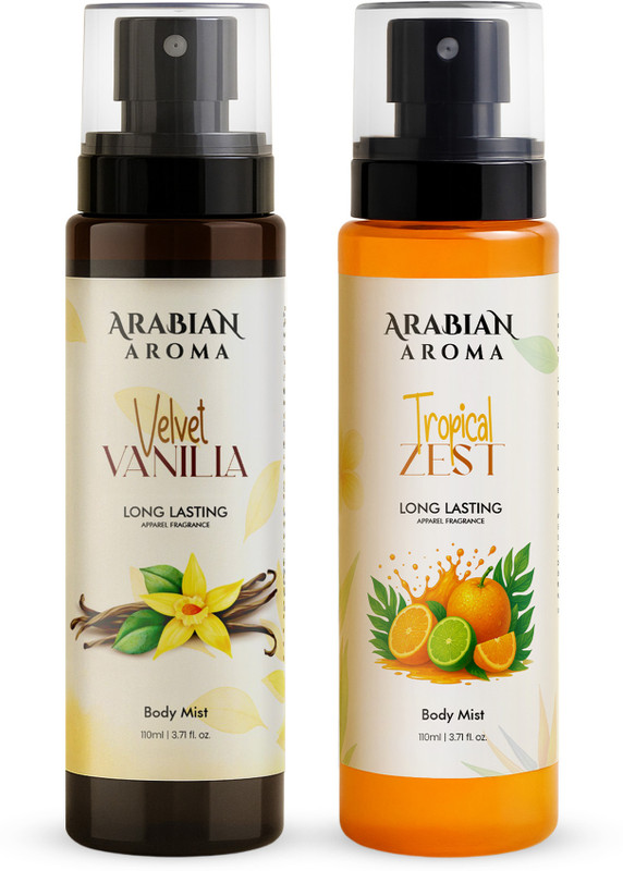 Arabian Aroma Velvet Vanilla & Tropical Zest Body Mist Combo, Creamy Vanilla & Fruity Mist Body Mist  -  For Women(220 ml, Pack of 2)