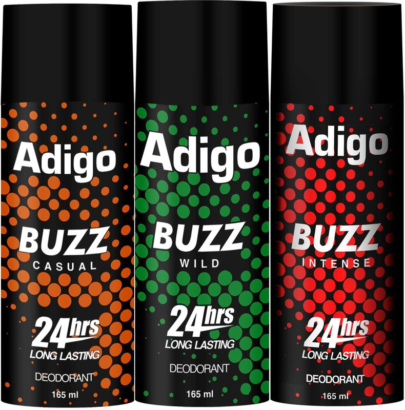 adigo Buzz Wild| Casual | Intense 24hrs Long Lasting Deodorant | 165ml Each Deodorant Spray  -  For Men(165 ml, Pack of 3)