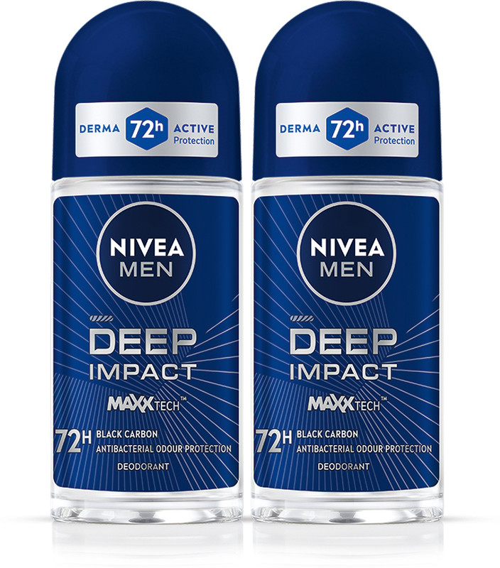 Nivea Men Deep Impact Combo with Maxxtech, Black Carbon, 72h Odour Protect, Long Lasting Deodorant Roll-on - For Men(100 ml, Pack of 2)