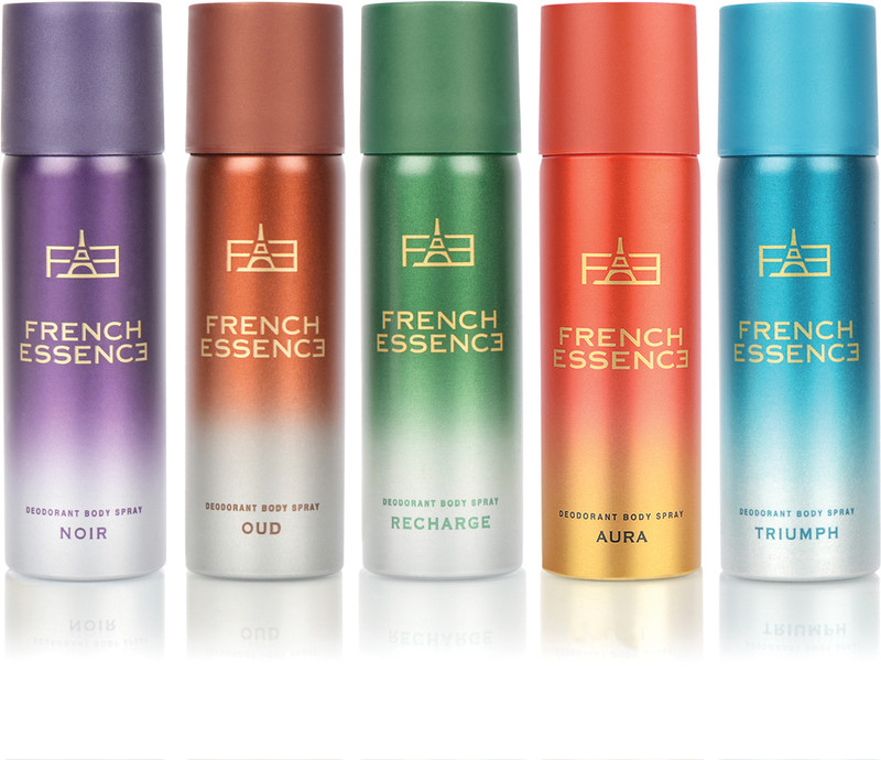 FRENCH ESSENCE Luxury Combo Pack Noir,Recharge,Aura,Bloom & Triumph(50ml Each) Long Lasting Deo Deodorant Spray - For Men & Women(50 ml, Pack of 5)