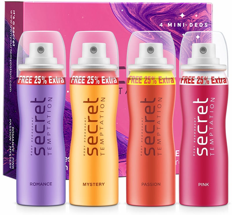 Secret Temptation Travel Pack with Pink, Romance, Mystery and Passion Mini Deodorant Spray - For Women(200 ml, Pack of 4)