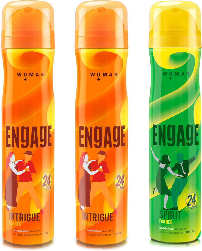 Engage Deo Combo 2 Intrigue for Her 150ml & 1 Spirit for Her 150ml Deodorant Spray  -  For Women(450 ml, Pack of 3)