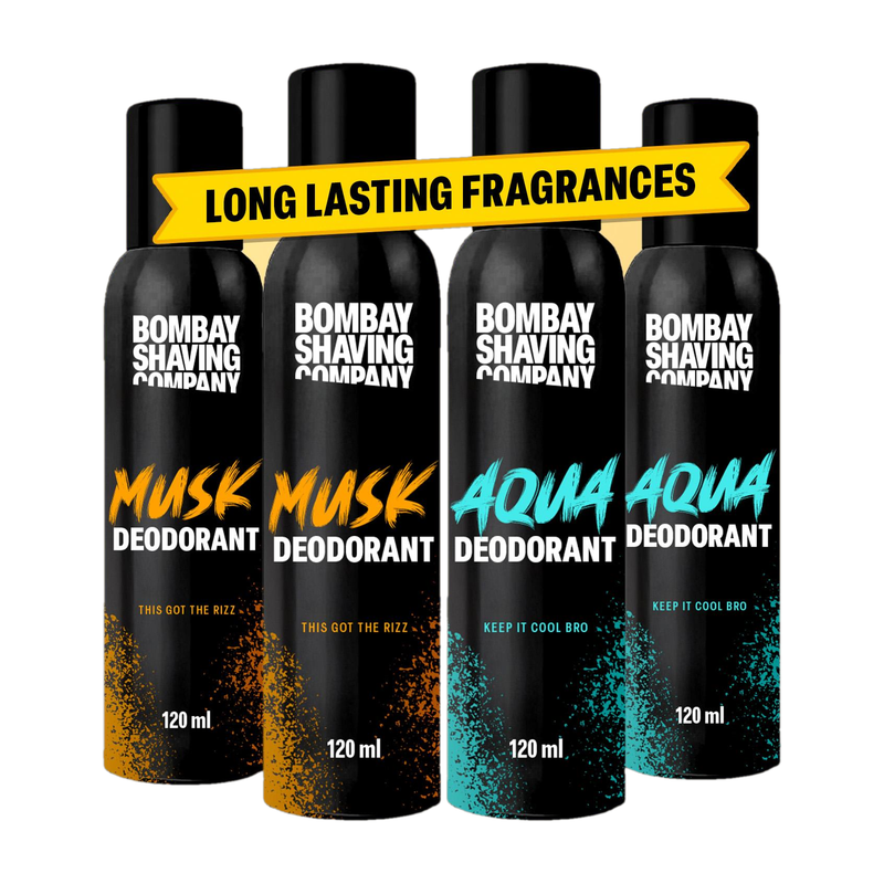 BOMBAY SHAVING COMPANY Fresh Aqua & Intense Musk 120mlx4 Combo Deodorant Luxury Long Lasting Fragrance Deodorant Spray  -  For Men & Women(480 ml, Pack of 4)