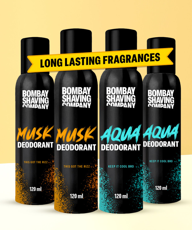 BOMBAY SHAVING COMPANY Fresh Aqua & Intense Musk 120mlx4 Combo Deodorant Luxury Long Lasting Fragrance Deodorant Spray - For Men & Women(480 ml, Pack of 4)