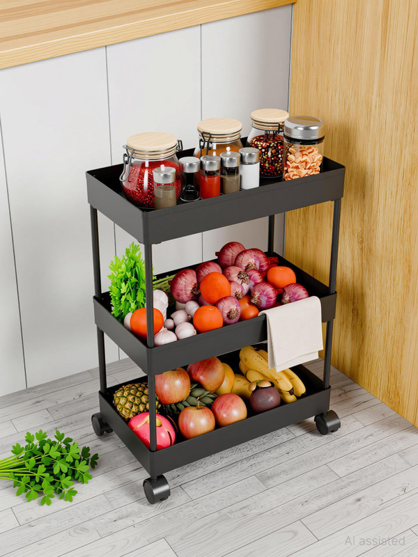SEQUENCE Plastic 3 compartments plastic foldable trolley for spice racks With wheels Storage Basket(Pack of 1)