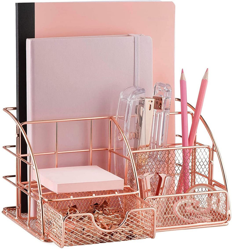 Kiwilon 6 Compartments Electroplated Iron Metal Mesh Rose Gold Desk Organizer with Drawer, File Tray and 4 Upright Sections for Pen, Marker, Paper etc(Rose Gold)