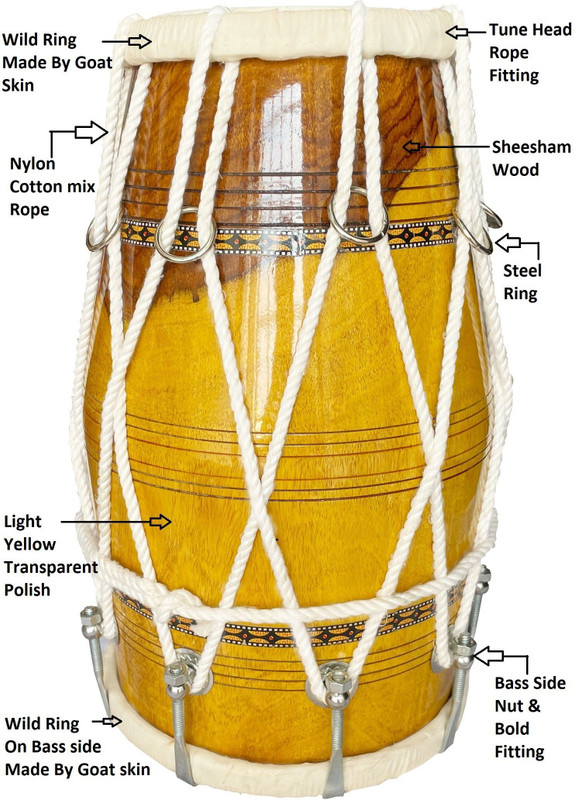 AMROHA ENTERPRISES Shesham wood Bhajan kirtan Rope & Rings Dholak(Yellow)