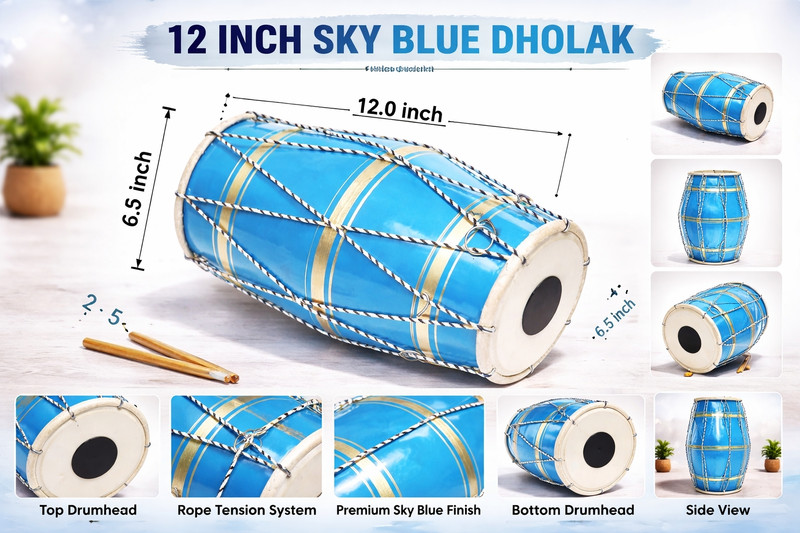 KUNALTRADERS 1212 Rope & Rings Dholak(Blue)