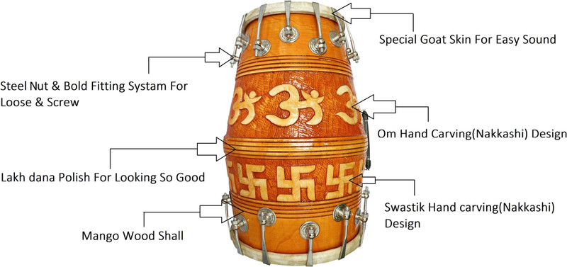 AMROHA ENTERPRISE OM Carving design on wood Double nut & Bold Nut & Bolts Dholak D-2 Nut & Bolts Dholak(Yellow)