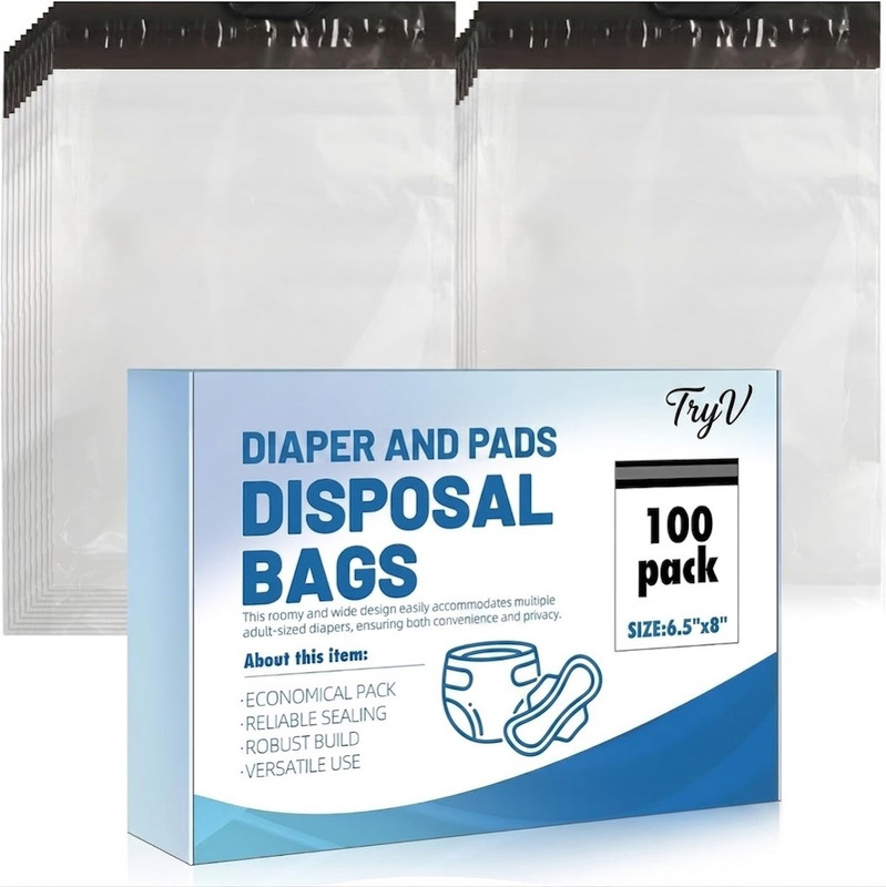 TRYV Self-Adhesive Odour Seal Bags for Baby & Adult Diapers | Travel Leak-Proof Nappy | Diaper Disposal Plastic Waste Garbage Bags | 100 Pack (6.5" x 8")(White)