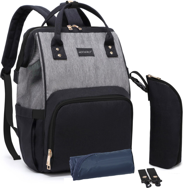 MOTHERLY Diaper Bags for Mothers with 1 Bottle Bag + 1 Changing Mat + 1 Set of Stroller Hooks Backpack Diaper Bag(With 6 months warranty)(Black Gray)