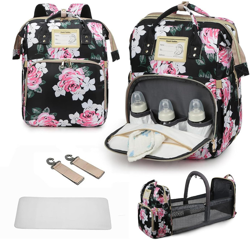 ComfyStyle 3 in 1 Large Capacity Diaper Bag Backpack with Changing Station Mummy Diaper Bag(Black Flower)